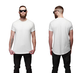 Hipster handsome male model with beard wearing white blank t-shirt with space for your logo or design. Front and back view