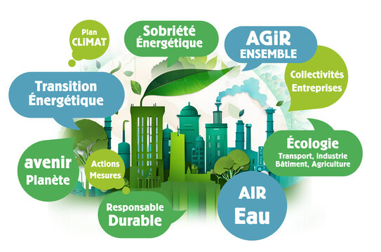 Nuage de mots, tags, bulles : ville vers la transition &eacute;cologique, sobri&eacute;t&eacute; &eacute;nerg&eacute;tique, &eacute;cologie, climat, agir ensemble, loi climat - IA g&eacute;n&eacute;rative