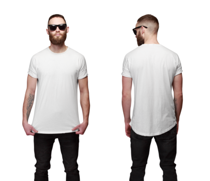 Hipster handsome male model with beard wearing white blank t-shirt with space for your logo or design. Front and back view
