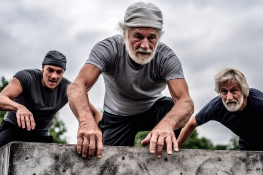 active senior man, casual and parkour exercise at a skatepark with friends for speed training outdoors
