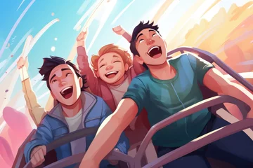 Deurstickers Friends riding roller coaster ride at amusement park.  People having fun at amusement park. Generative ai © alexanderuhrin