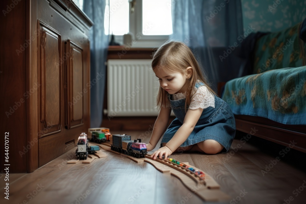 Wall mural a little girl playing with a toy train at home