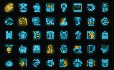 Industrial Climbing icons set outline vector. Man paint. Worker rope neon color on black