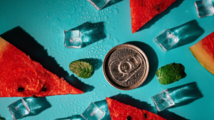 Creative summer composition with watermelon, mint leaves, can of soda and ice cubes. Minimal watermelon drink concept.