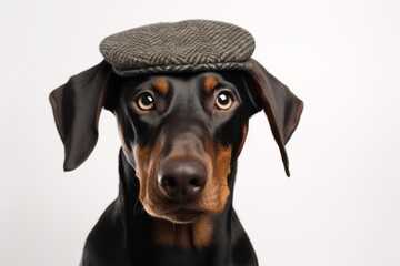 Medium shot portrait photography of a funny doberman pinscher wearing a beret against a white background. With generative AI technology