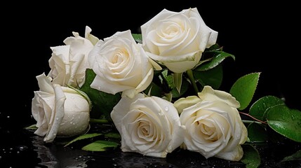 Beautiful white roses with water drops on black background, closeup. Mother's day concept with a space for a text. Valentine day concept with a copy space.