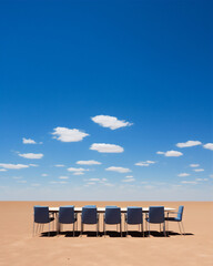 luxury minimalist long meeting table and chairs in the desert field, blue bright sky, create using generative ai