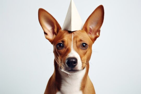 Medium shot portrait photography of a cute basenji dog wearing a shark fin against a white background. With generative AI technology