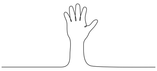 Continuous line drawing hand up. Raised hand linear symbol. Vector illustration isolated on white. - obrazy, fototapety, plakaty