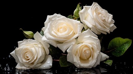 Beautiful white roses with drops of water on a black background. Mother's day concept with a space for a text. Valentine day concept with a copy space.