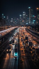 Fototapeta na wymiar traffic on highway at night, photorealistic AI, city skyline at the background, Machine Driving