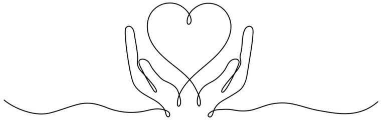 Hands holding heart continuous one line drawing. Charity donation linear symbol. Love support concept. Vector illustration isolated on white. - obrazy, fototapety, plakaty