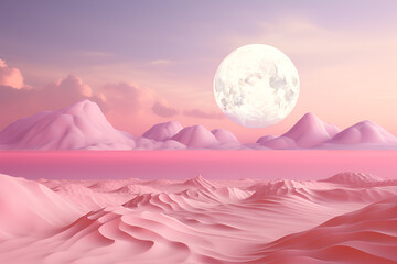 Light pink sand dunes with a pink cloudy sky landscape and giant moon. Generative Ai	

