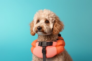 Photography in the style of pensive portraiture of a funny poodle wearing a life jacket against a...