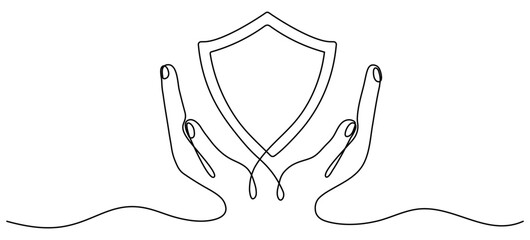 Hands holding shield badge continuous one line drawing. Guard protect linear symbol. Vector illustration isolated on white.
