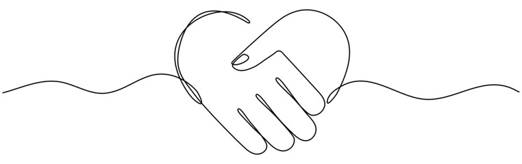 Handshake in heart shape continuous line drawing. Love shaking hands. Business deal linear symbol. Vector illustration isolated on white.