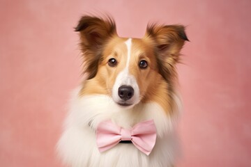 Close-up portrait photography of a happy shetland sheepdog wearing a dapper suit against a pastel or soft colors background. With generative AI technology