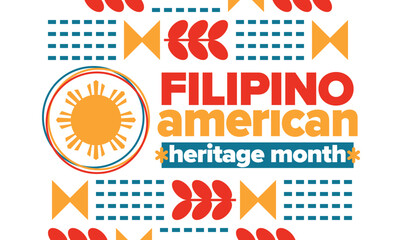Filipino American History Month. Happy holiday celebrate annual in October. Filipinos and United States flag. Culture month. Patriotic design. Poster, card, banner, template. Vector illustration