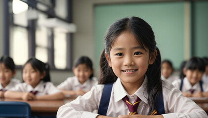 Bellissima bambina asiatica durante una lezione in classe alla scuola elementare - obrazy, fototapety, plakaty