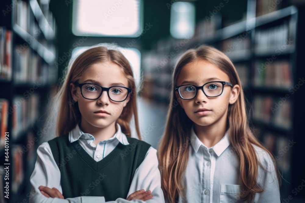 Wall mural shot of two young students in a library at school