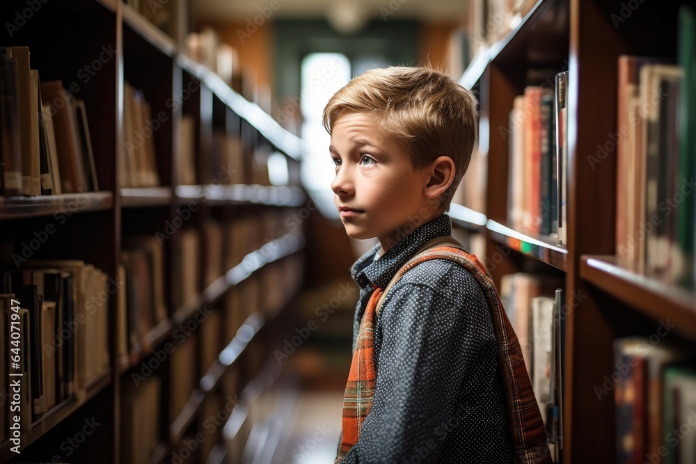 Sticker shot of a young boy in the library of his school