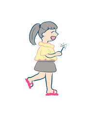 A joyful little girl with ponytail is holding a lighting sparkler