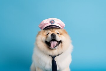 Medium shot portrait photography of a smiling chow chow dog wearing a sailor suit against a pastel or soft colors background. With generative AI technology