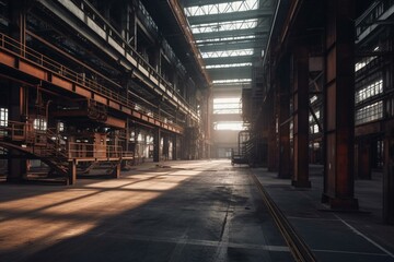 Naklejka na ściany i meble Spacious interior of a large industrial factory with massive machinery and metallic structures. Generative AI