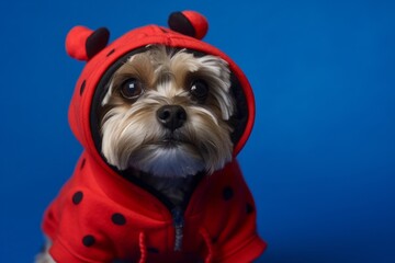 Photography in the style of pensive portraiture of a funny havanese dog wearing a ladybug costume against a royal blue background. With generative AI technology