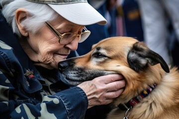 shot of a veteran petting her dog - obrazy, fototapety, plakaty