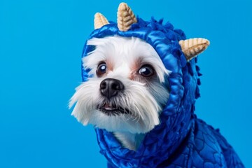 Medium shot portrait photography of a funny maltese wearing a dinosaur costume against a royal blue...