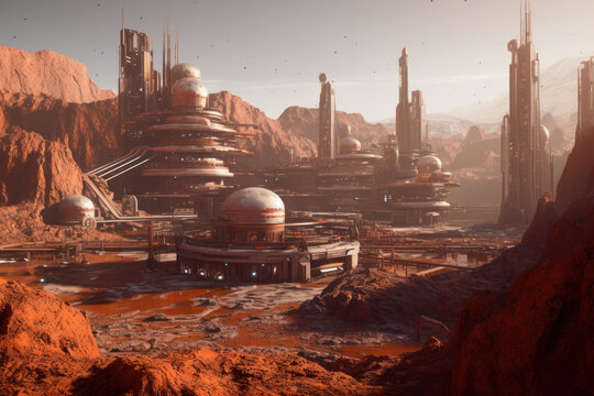 Multi Storey Modern Scientific Station Situated Among Giant Red Mountains of Mars