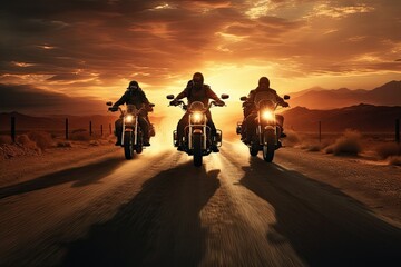 Motorcyclists rider riding on the road at sunset. ai generative