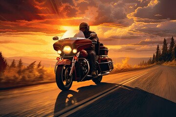 Motorcycle rider riding on the road at sunset. ai generative