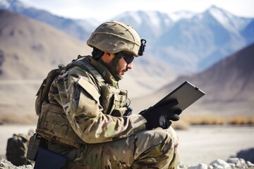 shot of a soldier using his digital tablet at the base camp