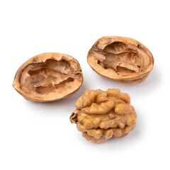 Single peeled walnut and shell isolated on white background close up  
