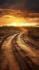 A dirt road with a sunset in the background