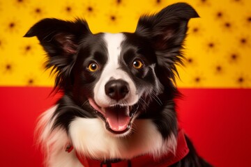 Medium shot portrait photography of a smiling border collie wearing a bee costume against a red background. With generative AI technology