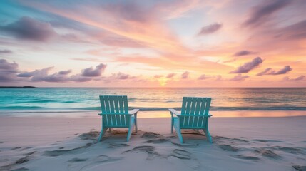 Two empty beach chairs on white beach on the Maldives at sunset. Generative AI