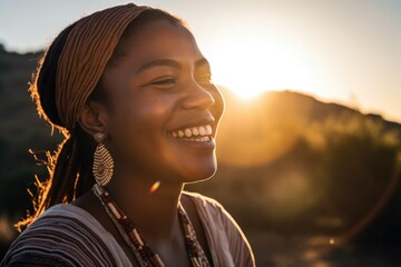 an ethnic woman facing the sun and smiling
