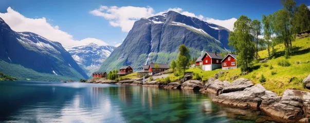 Tuinposter Red traditional Norwegian houses in Norwegian nature with fjords. Generative ai © alexanderuhrin
