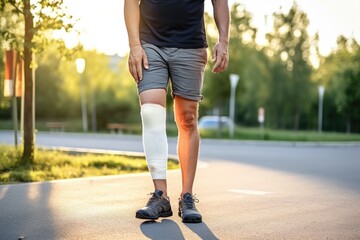rearview shot of a man holding his injured leg while standing outside