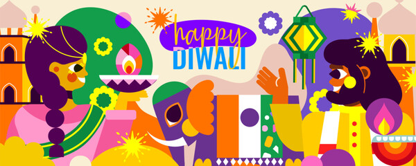 Immerse yourself in the celebration of Diwali with this modern illustration! A cheerful Indian couple, an elephant and a sea of ​​lights. Experience the essence of Diwali in one design!