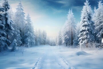 Winter season background with forest in the snow.