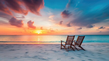 Two empty beach chairs on white beach on the Maldives at sunset. Generative AI - obrazy, fototapety, plakaty