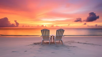  Two empty beach chairs on white beach on the Maldives at sunset. Generative AI © piai