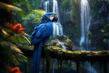 Blue parrot in the forest sitting on a branch - Powered by Adobe