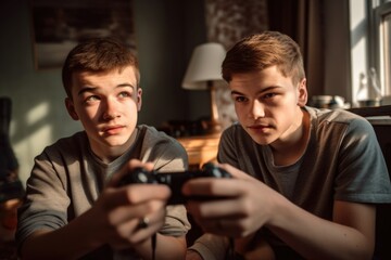 Fototapeta premium shot of two young men playing video games together at home