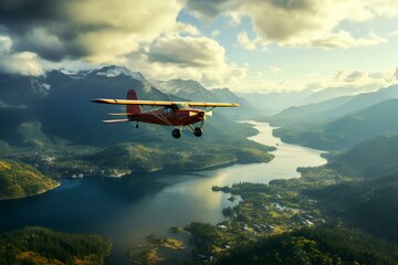 Fototapeta na wymiar A seaplane soars over the BC Rocky Mountains near Squamish and Vancouver, offering an epic 3D-rendered adventure. Generative AI