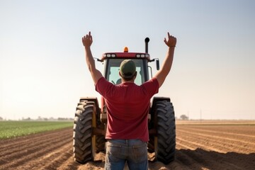 rearview shot of a young agriculture worker standing with his arms raised while working on a farm